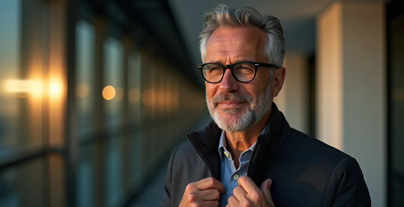 Homme portant des lunettes Ray-Ban dans un environnement urbain épuré