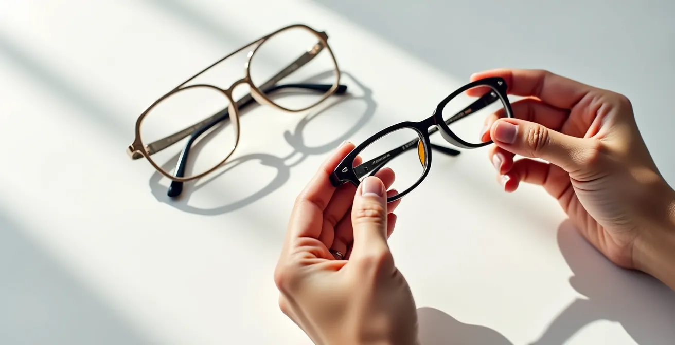 Gros plan de mains tenant trois montures Ray-Ban différentes pour comparaison